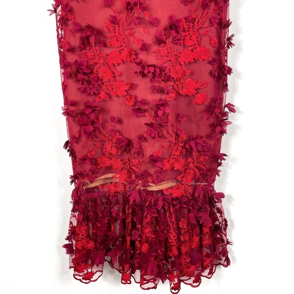 Marchesa Notte Embroidered Midi Dress Red Sheer Sleeves 3D Floral Lace Sz 2 Marchesa Notte Embroidered Midi Dress Red Sheer Sleeves 3D Floral Lace Sz 2